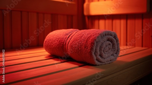 A stunning image of rolled-up towel sits on the wooden bench of an empty infrared sauna, bathed in the warm glow of red light therapy, inviting relaxation and rejuvenation.