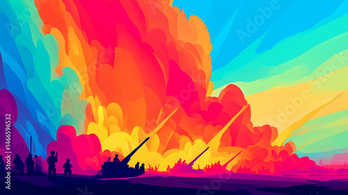 battle scene where Indian forces launch artillery in the valley, the military equipment