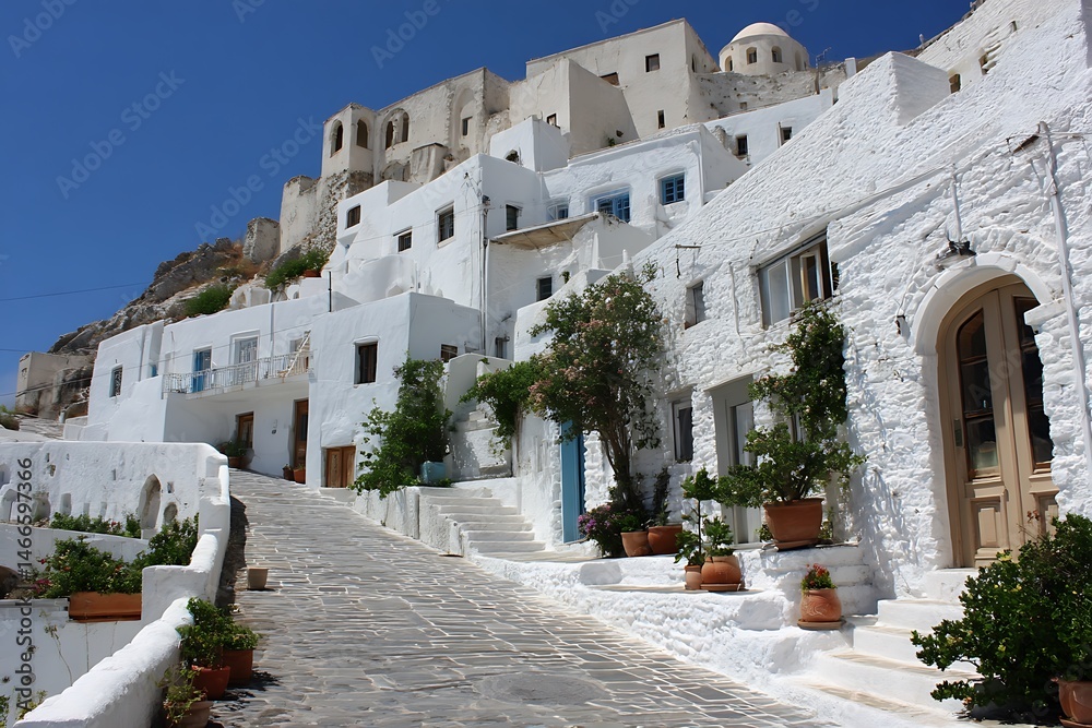Naklejka premium Pale whitewashed buildings on Greek hill landscape 