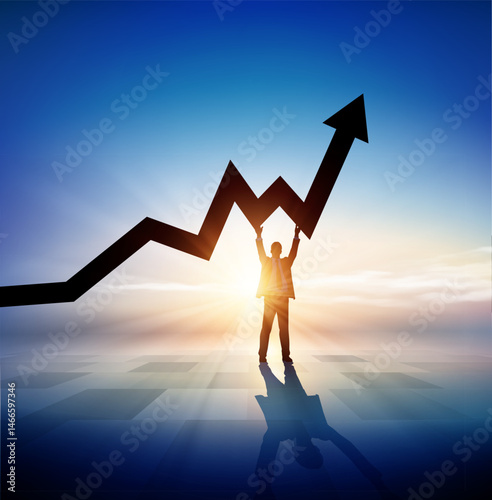 Reaching Business Success. Happy businessman holding up a growing graph. The arrow is pointing up. business concept vector illustration
