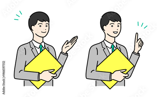 バインダーを抱えて説明するビジネススーツの男性のシンプルな上半身ベクターイラストセット