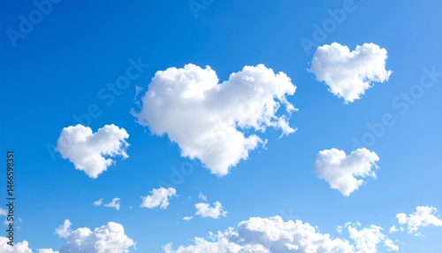 Heart shaped clouds floating in a bright blue sky