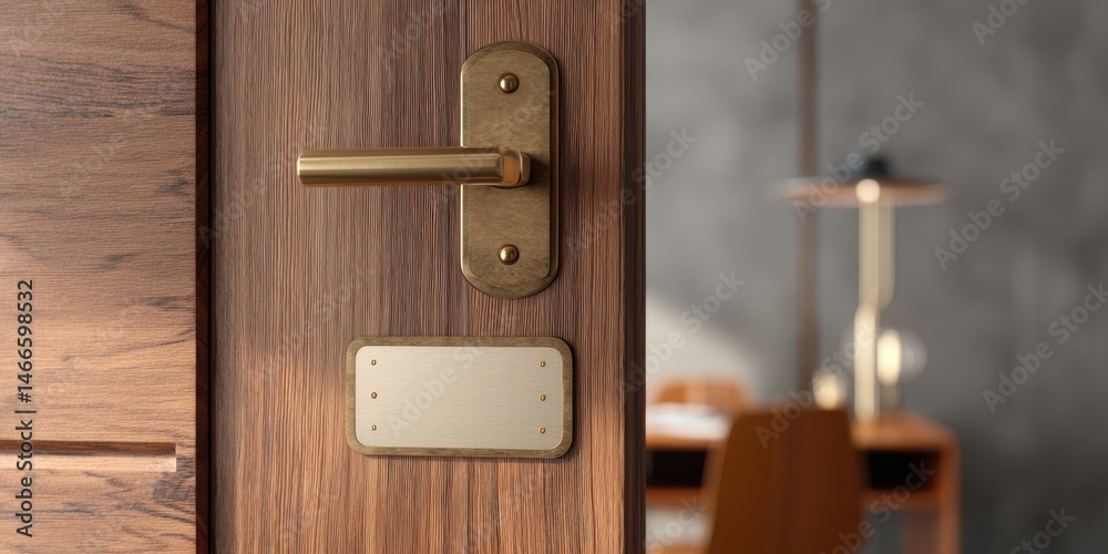 Obraz premium A stunning image of name plate design mockup handing on door, 3d render. Door sign mock up template on entry in cabinet. Office hall interior with nameplate on door.
