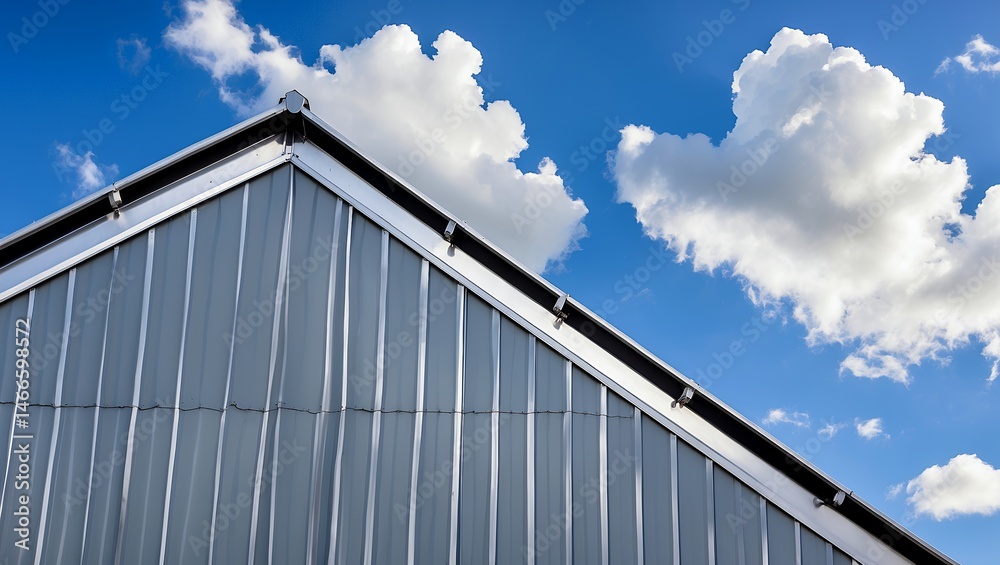 Gray metal roof under blue sky with clouds Gray metal roof under blue sky with clouds