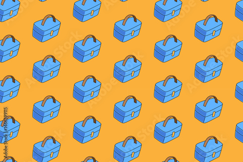 box storage containing fishing equipment with sling bag colorful doodle illustration seamless pattern on yellow background for fisherman, angling, fishing sport club merchandise