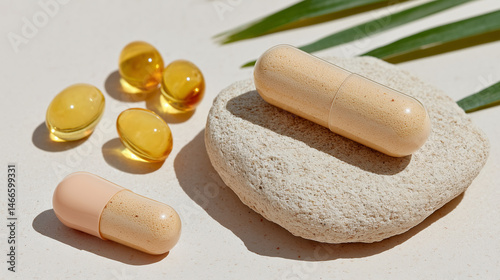 Minimalist Composition of Plastic Tablets and Gel Capsules with Shadow on Stone Surface and Natural Elements