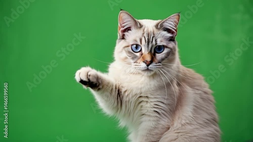 Cat displays curiosity in front of green backdrop