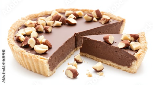 Rich chocolate tart with a golden crust, decorated with hazelnuts and a slice removed, revealing a smooth, creamy filling