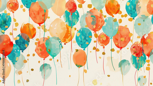Coral, Orange and Turquoise Balloons Rising in the Air. Birthday Wallpaper