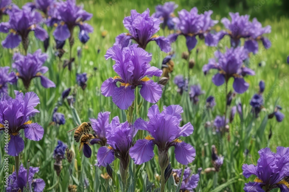 Naklejka premium Busy bees gather nectar from vibrant purple irises blooming in a lush green meadow , environment, ecosystem