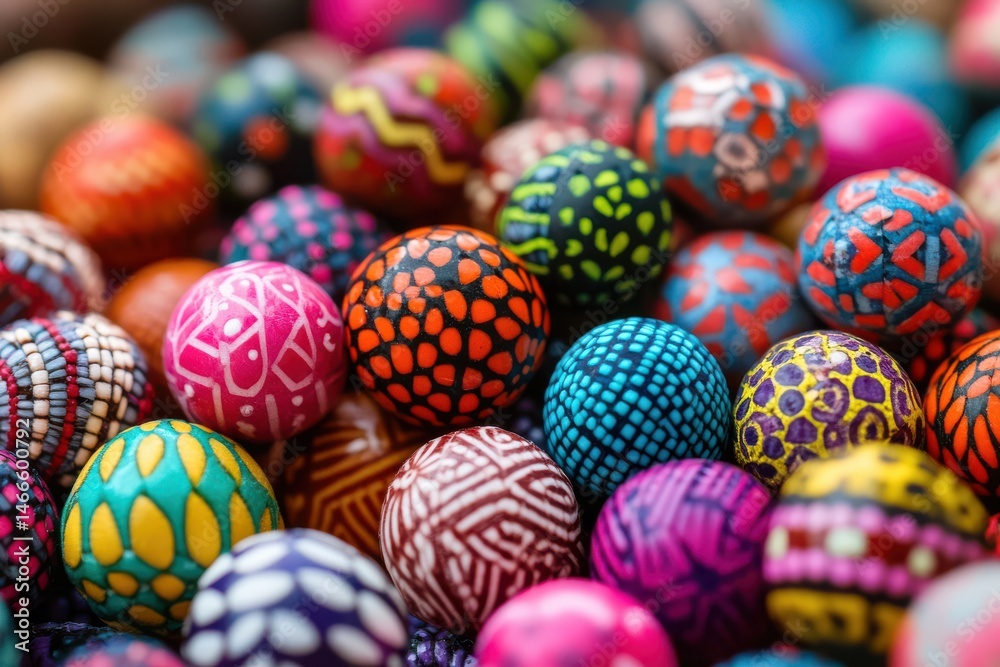 Fototapeta premium Colorful hand-painted wooden beads arranged closely, showcasing intricate designs and vibrant hues
