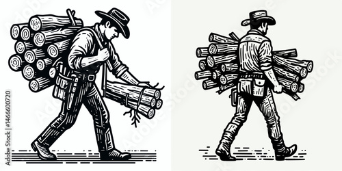 Cowboy Carrying firewood. Western rodeo Outline Clipart line art doodle vector illustration. Rancher transporting fuel wood supply lifestyle rural hardship rough landscape.