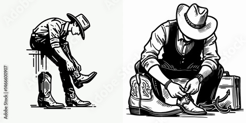 Cowboy Checking boot spurs. Western rodeo Outline Clipart line art doodle vector illustration. rider verifying heel chain rowel for proper function footwear adornment.