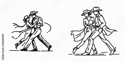 Cowboy Dancing with partner. Western rodeo Outline Clipart line art doodle vector illustration. Rustic duets enjoying folk movement choreography another individual.