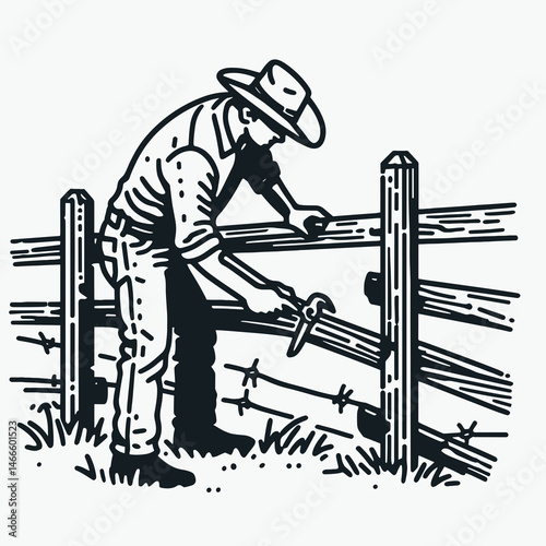 Cowboy Fixing fence. Western rodeo Outline Clipart line art doodle vector illustration. Rancher repairing enclosure barrier rural homestead upkeep and agrarian lifestyle.
