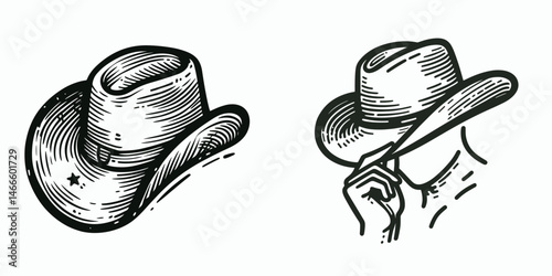 Cowboy Hat tipping. Western rodeo Outline Clipart line art doodle vector illustration. headwear gesture showing respect politeness with headgear tradition.