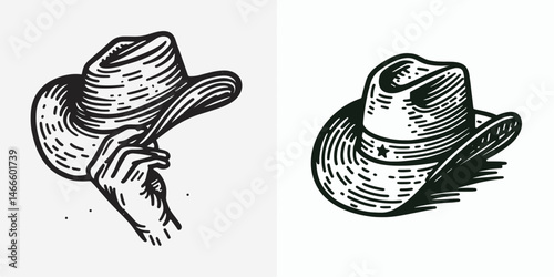 Cowboy Hat tipping. Western rodeo Outline Clipart line art doodle vector illustration. headwear gesture rural custom respect signal informal etiquette.