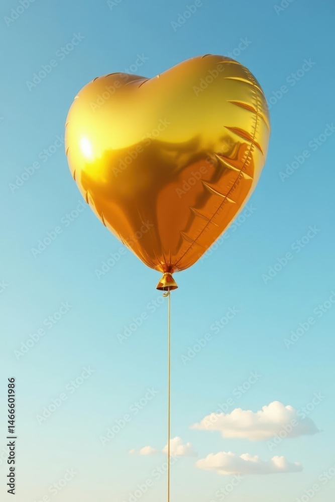Fototapeta premium Gleaming gold balloon floats on long string against a clear sky , ribbon, golden, object