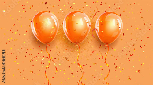 Confetti and ribbons gold orange balloon, confetti, design template for birthday celebration
