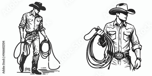 Cowboy Holding reins. Western rodeo Outline Clipart line art doodle vector illustration. Rancher gripping bridle strap equestrian occupation rural west persona.
