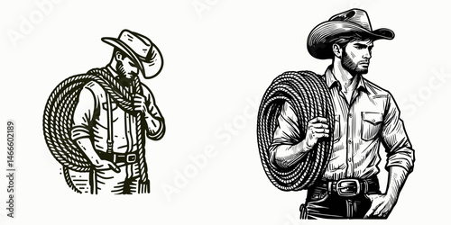 Cowboy Holding rope coil. Western rodeo Outline Clipart line art doodle vector illustration. Rancher gripping looped twine heritage equestrian lifestyle farmhand gear.