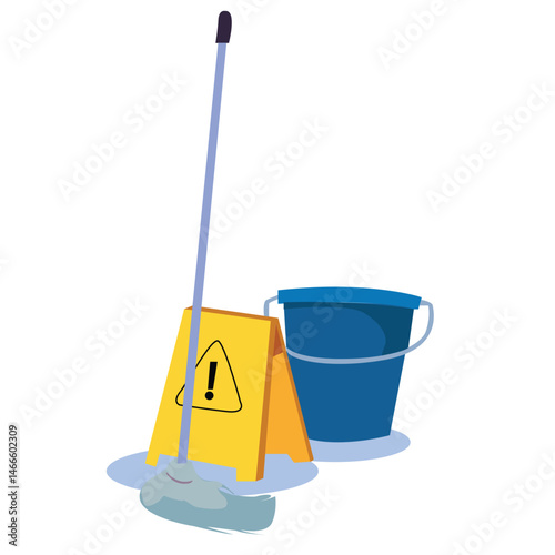 mop and warning signs. Yellow cleaning warning sign with mop in blue bucket bubble 