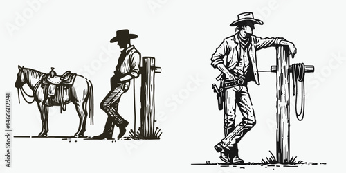 Cowboy Leaning on hitching post. Western rodeo Outline Clipart line art doodle vector illustration. Rancher resting by tethering beam figure contemplating vista outdoors.