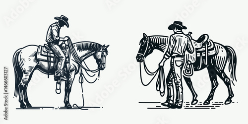 Cowboy Lifting saddle onto horse. Western rodeo Outline Clipart line art doodle vector illustration. Rancher hoisting gear upon equine back heritage rural life action.