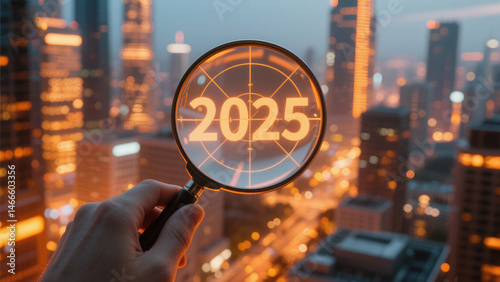Hand holding magnifying glass focused on the year 2025 over a modern cityscape at night