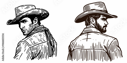 Cowboy Looking over shoulder. Western rodeo Outline Clipart line art doodle vector illustration. Rancher gazing backward vista lone figure observant watchful pose.