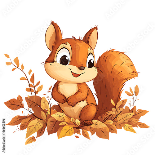 Cartoon Squirrel Sitting on Leaves Isolated on Transparent Background