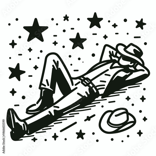 Cowboy Lying under stars. Western rodeo Outline Clipart line art doodle vector illustration. Rancher reclined neath celestial dome rural scene vastness and freedom.