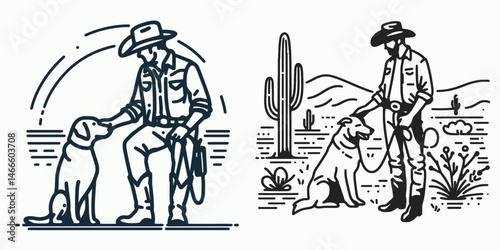 Cowboy Petting a dog. Western rodeo Outline Clipart line art doodle vector illustration. Rancher caressing canine rural affection domestic animal tender touch.