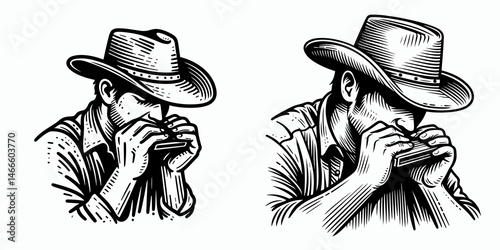 Cowboy Playing harmonica. Western rodeo Outline Clipart line art doodle vector illustration. musician blowing blues instrument solo rural performer honky-tonk vibe.