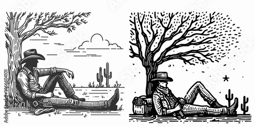 Cowboy Resting under tree. Western rodeo Outline Clipart line art doodle vector illustration. Rancher taking repose beneath timber shadow rural serenity vista.