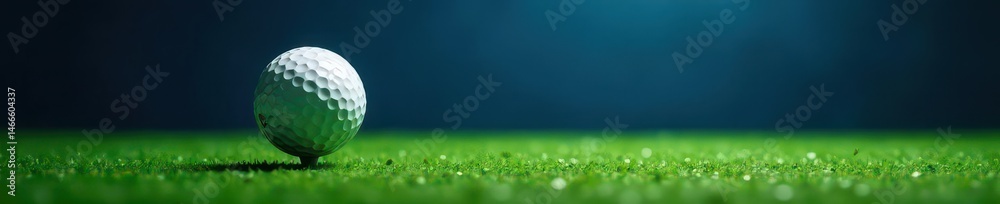 Golf ball in dynamic motion, bright spotlight, dark blue backdrop, lighting, flight, ball Golf ball in dynamic motion, bright spotlight, dark blue backdrop, lighting, flight, ball