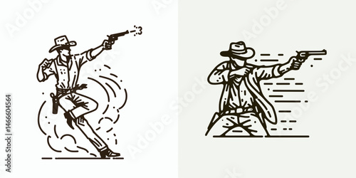 Cowboy Shooting into air. Western rodeo Outline Clipart line art doodle vector illustration. Rancher gunfire skyward a figure discharging weapon above outlaw action.