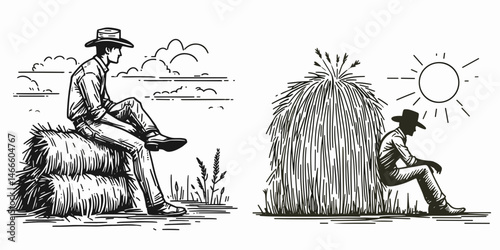 Cowboy Sitting on a haystack. Western rodeo Outline Clipart line art doodle vector illustration. Rancher at rest atop forage stack rural scene theme farm life.