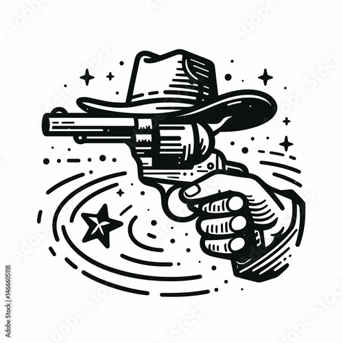 Cowboy Spinning revolver. Western rodeo Outline Clipart line art doodle vector illustration. gunslinger twirling firearm heritage action trick handgun dexterity.