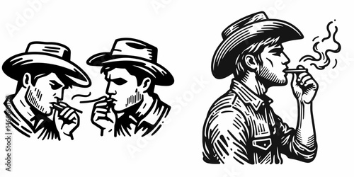 Cowboy Spitting tobacco. Western rodeo Outline Clipart line art doodle vector illustration. Rancher expectoration a habit of oral tobacco moisten practice.