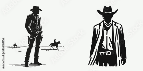 Cowboy Standing in silhouette. Western rodeo Outline Clipart line art doodle vector illustration. figure outlined rancher at sundown majestic vista rural concept.