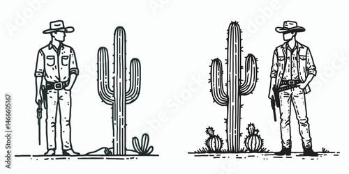 Cowboy Standing with cactus. Western rodeo Outline Clipart line art doodle vector illustration. rancher desert flora southwest scene portrait of a lone fellow.