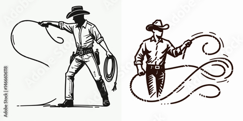 Cowboy Whipping lasso. Western rodeo Outline Clipart line art doodle vector illustration. Rancher twirling rope a skill for cattle handling equine sport tool.