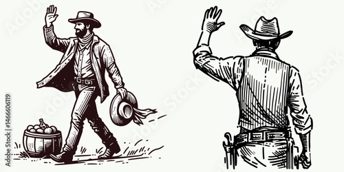 Cowboy Waving goodbye. Western rodeo Outline Clipart line art doodle vector illustration. Rancher signaling farewell with arm motion a figure departing.