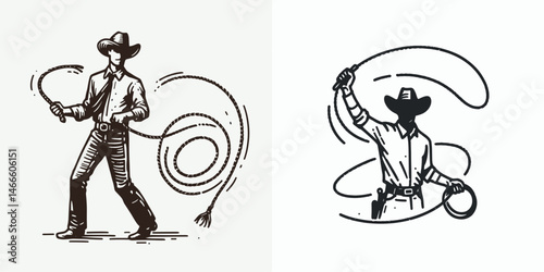 Cowboy Whipping lasso. Western rodeo Outline Clipart line art doodle vector illustration. rancher circling cord twirling implement rodeo trick roping activity.