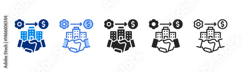 Business icon set multiple style. The icons show business cooperation between companies, involving processes, financial gains and deals through symbols of buildings, gears, money and handshakes.