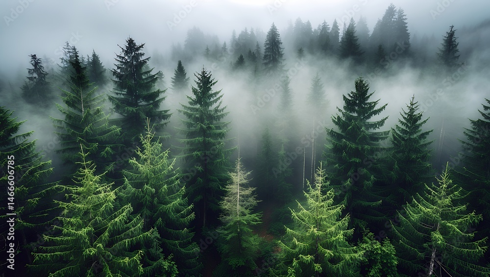 Fototapeta premium Misty aerial view of serene pacific northwest forest