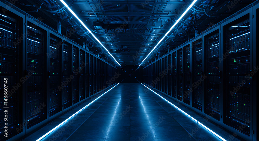 Obraz premium Blue Toned Server Room Hallway with Rows of Data Servers Fading Into Distance Illuminated by Electric Blue Neon Lighting