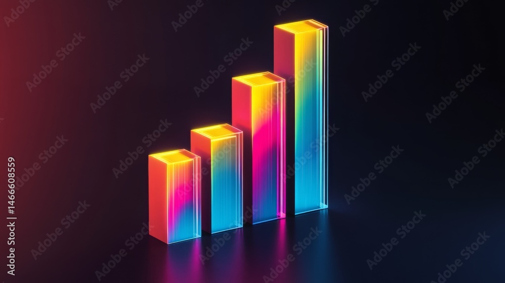 Modern D bar chart with neon-colored bars and gradient lighting, set against a dark background for a futuristic look Modern D bar chart with neon-colored bars and gradient lighting, set against a dark background for a futuristic look