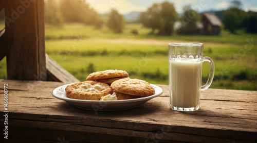 A cozy rustic scene featuring freshly baked cottage cheese cookies on a plate alongside a glass of milk in a transparent mug, all set on a natural wooden table. The background showcases a charming vil photo